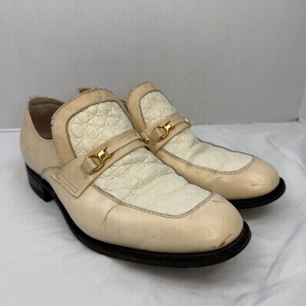 Vintage Mens Two Tone Faux Croc Bit Loafers Cream White 9 D 434 2585 IK8